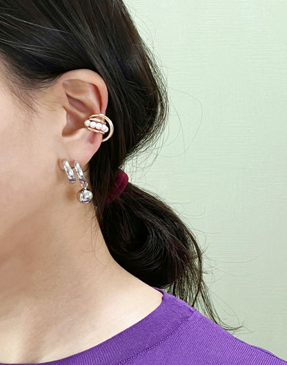 Double ring hoop earrings, ball drop earrings, ball drop ear cuff