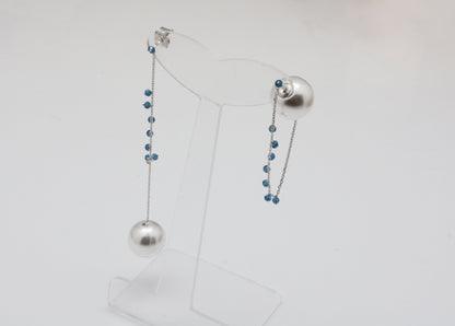 925 Sterling Silver front and back pearl and long chain drop earrings, Two way Pearl drop earrings, Pearl and Sapphire earrings