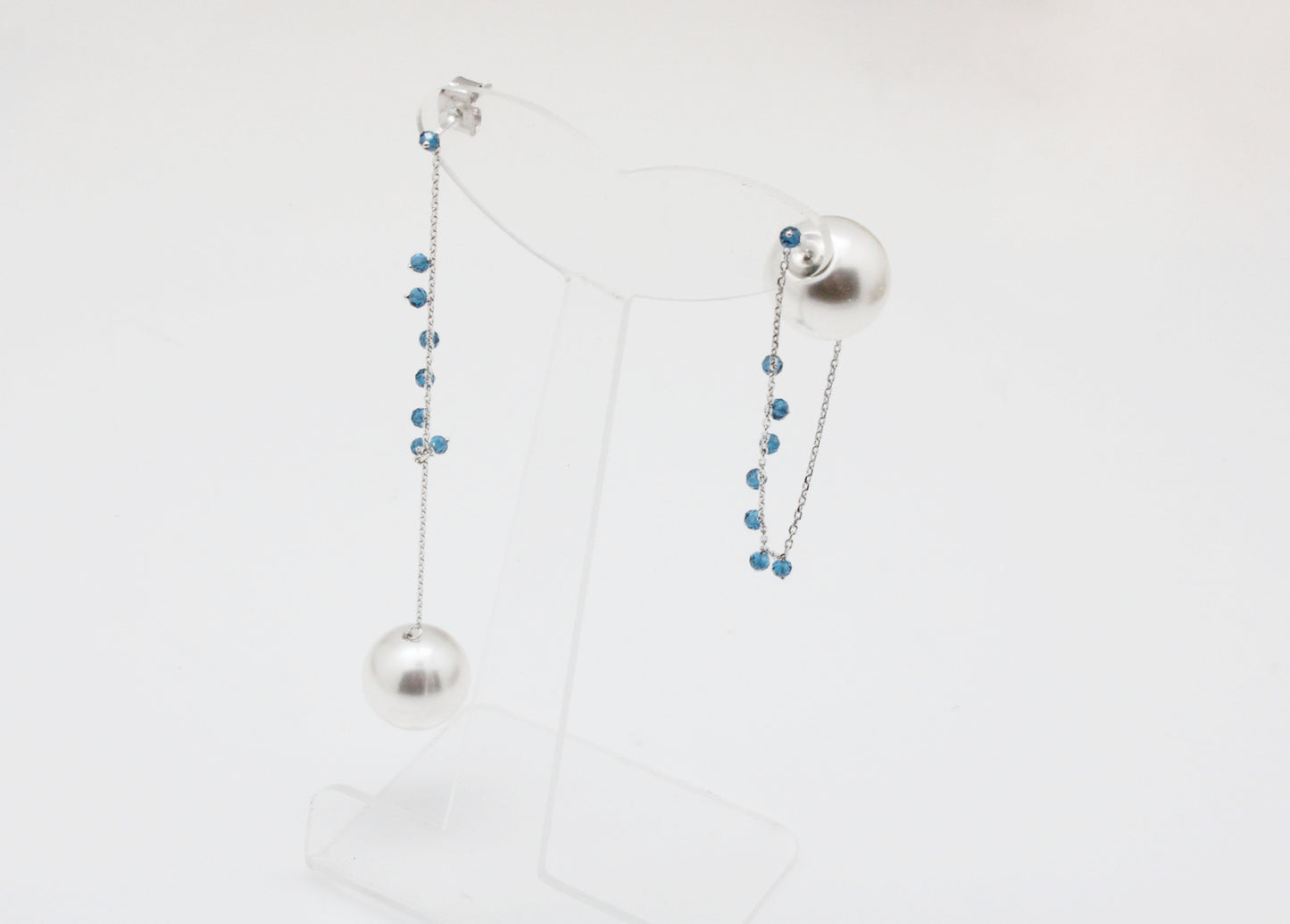 925 Sterling Silver front and back pearl and long chain drop earrings, Two way Pearl drop earrings, Pearl and Sapphire earrings