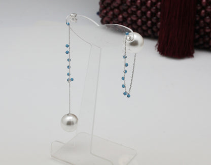 925 Sterling Silver front and back pearl and long chain drop earrings, Two way Pearl drop earrings, Pearl and Sapphire earrings