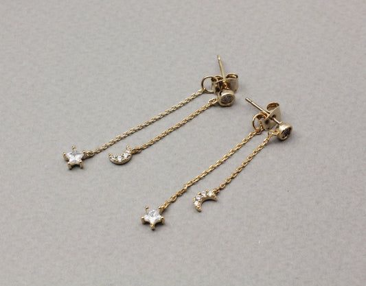 Tiny Star and Crescent Moon Earrings ,Dangle Crescent moon and star earrings