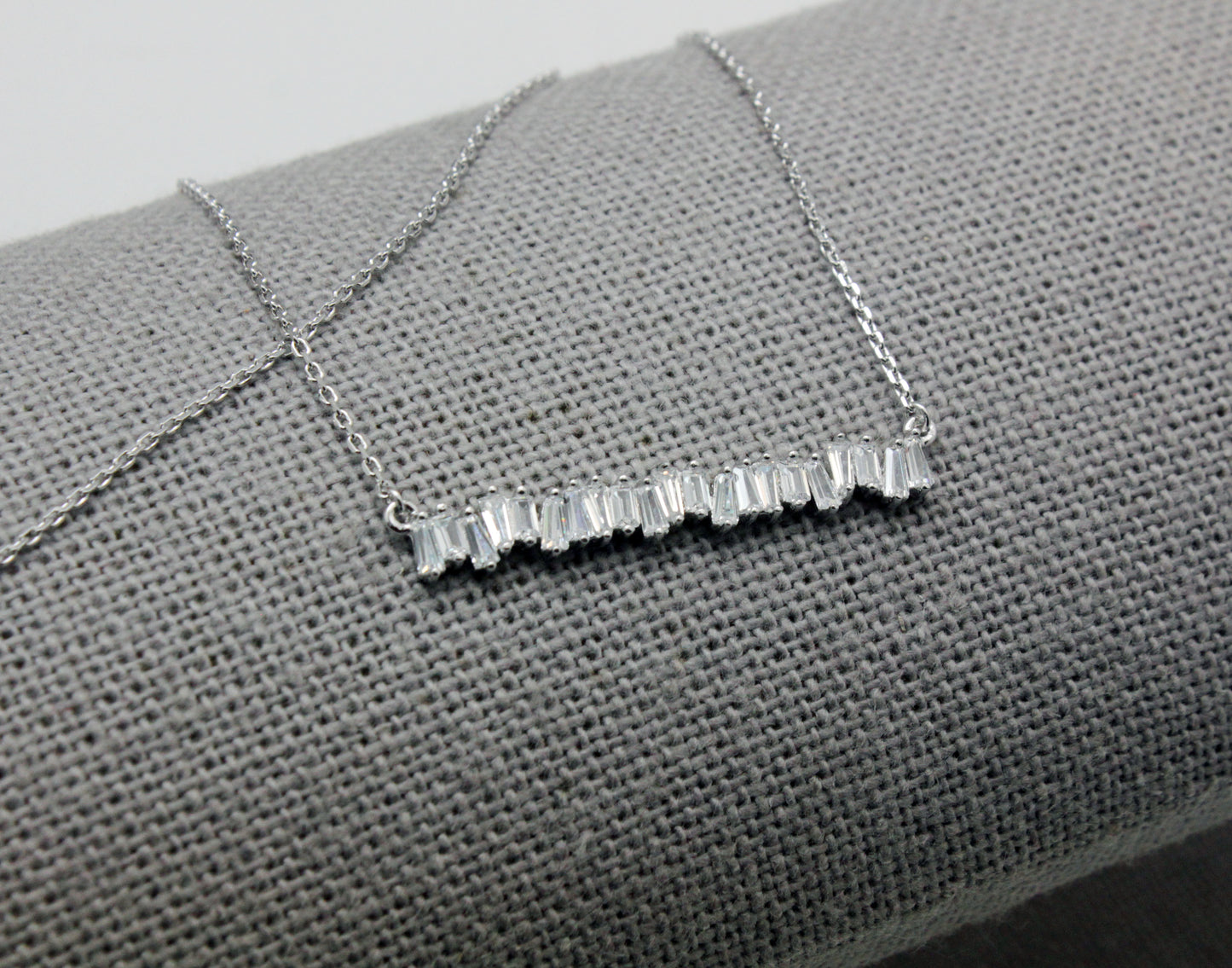 925 Sterling Silver Baguette Cut square Cubic Zirconia Bar Necklace,  baguette bar necklace