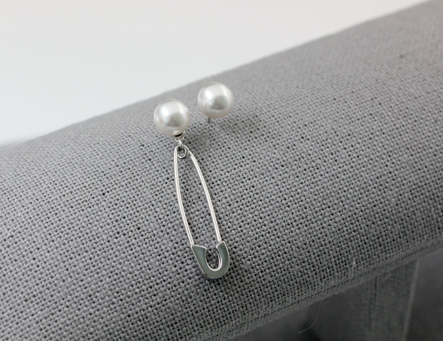 925 Sterling Silver Pearl point Safety Pin Dangle earrings ,Safety Pin drop earrings