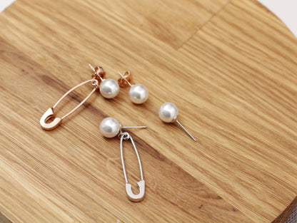 925 Sterling Silver Pearl point Safety Pin Dangle earrings ,Safety Pin drop earrings