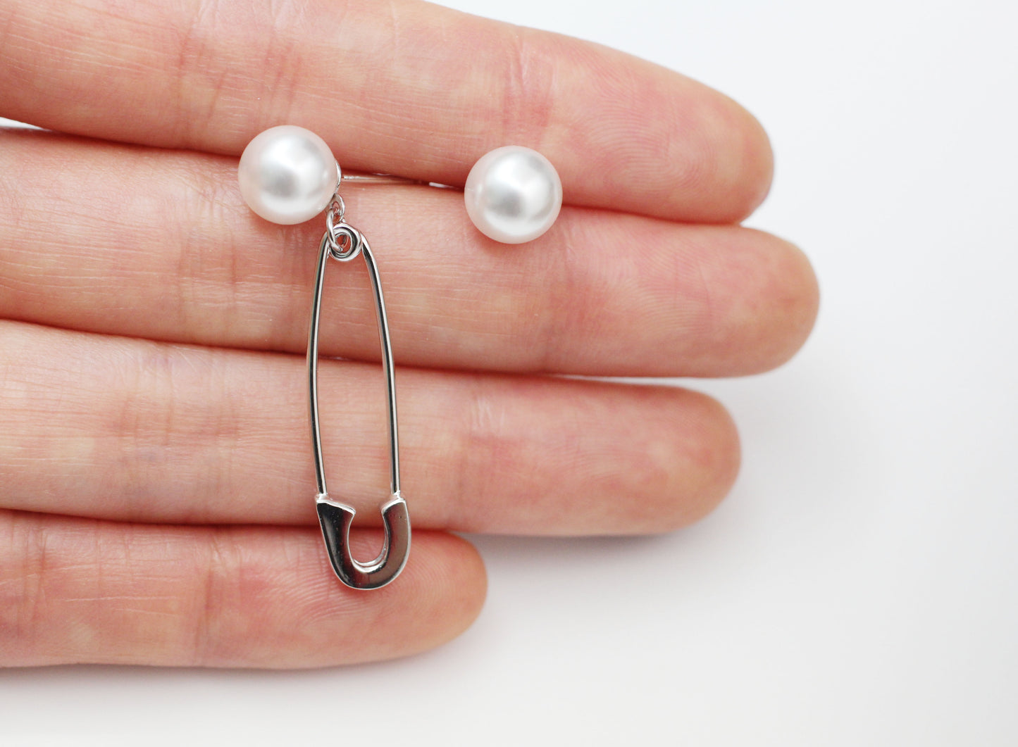 925 Sterling Silver Pearl point Safety Pin Dangle earrings ,Safety Pin drop earrings