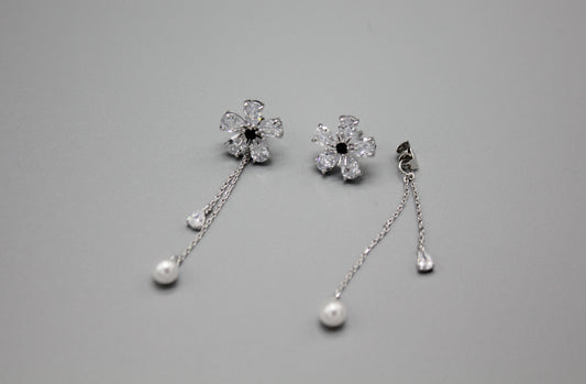 Cubic Flower Long earrings, Botanical Earrings, Two way Flower earrings, Long chain drop earrings, pearl flower earrings