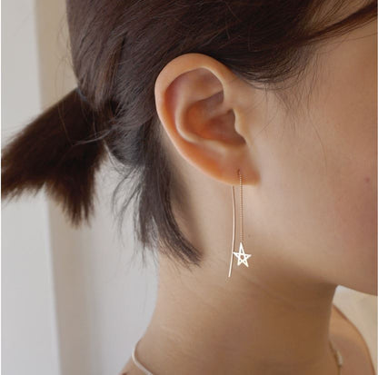 925 Sterling Silver Crescent moon drop Ear Threader, Star Drops Pull Through Earrings