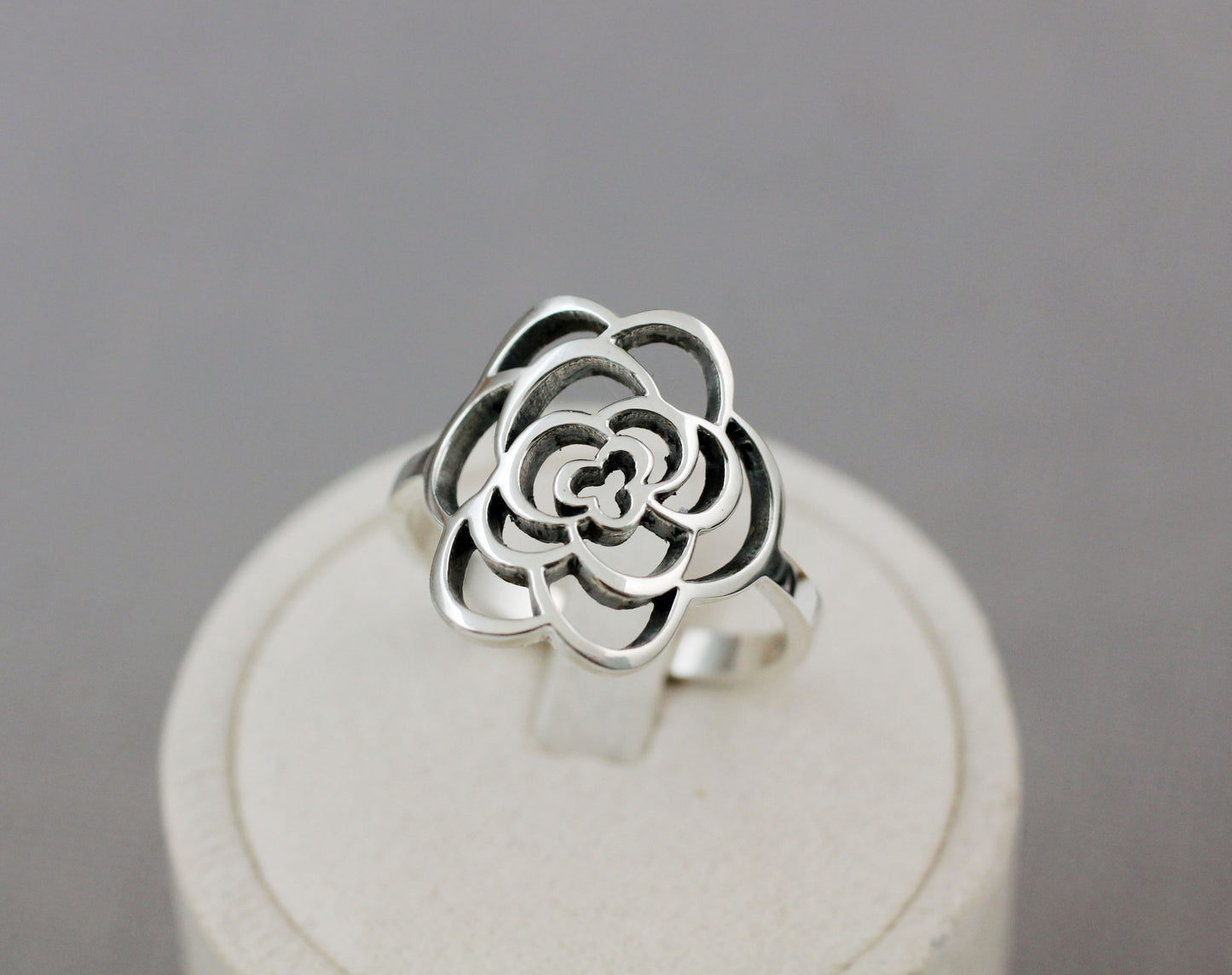 925 sterling silver Cut Out Camellia flower Ring, statement ring