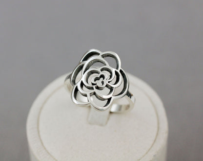 925 sterling silver Cut Out Camellia flower Ring, statement ring