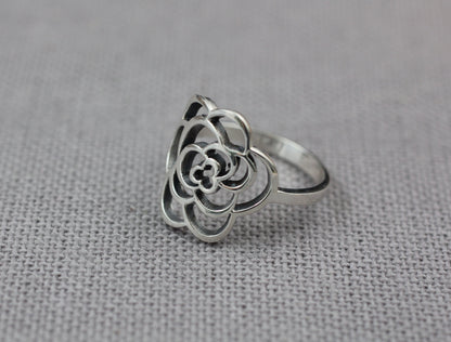 925 sterling silver Cut Out Camellia flower Ring, statement ring