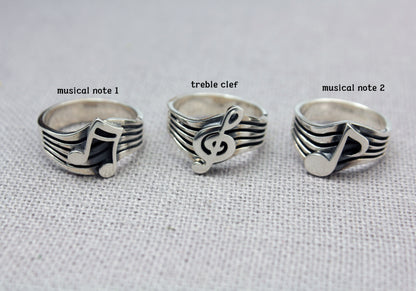 925 Sterling Silver Treble Clef Ring,  Musical Note Ring, Musical note and Treble clef