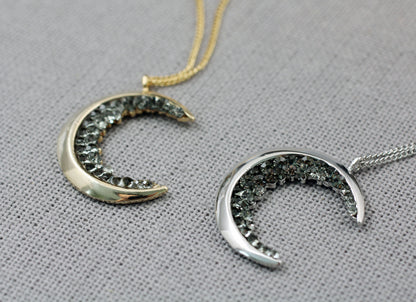 Crescent moon pendant Necklace detailed with Black Diamond Crystals