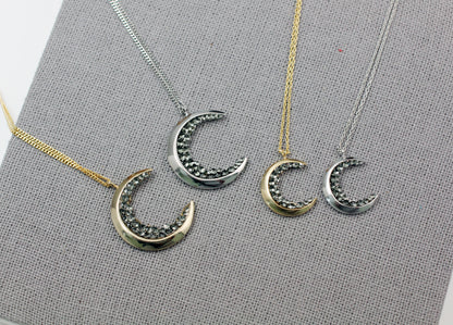 Crescent moon pendant Necklace detailed with Black Diamond Crystals