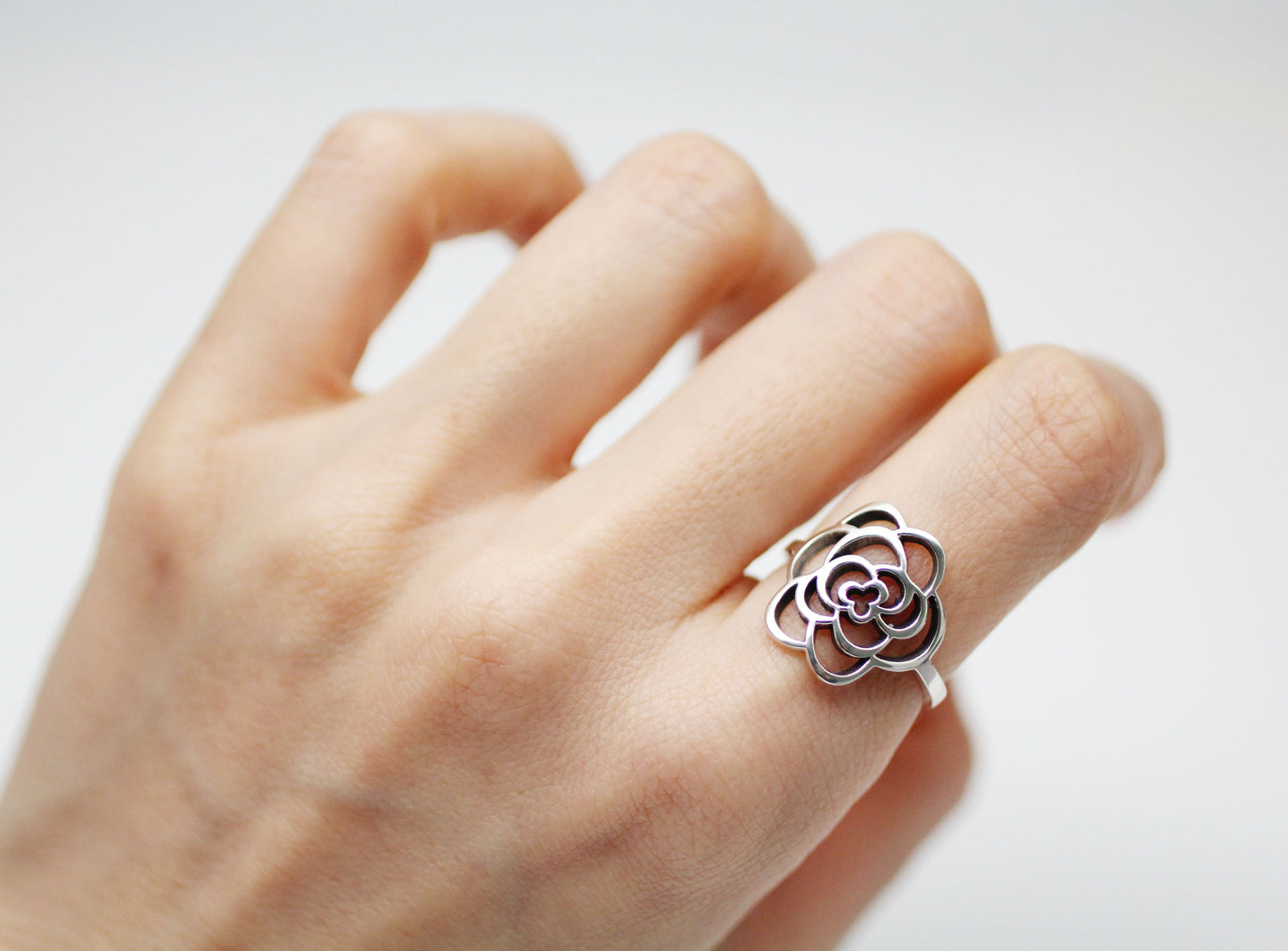 925 sterling silver Cut Out Camellia flower Ring, statement ring