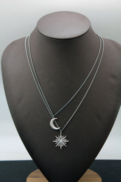 925 Sterling silver North star and Crescent Moon pendant necklace ,star moon jewelry, wiccan jewelry , planet necklace