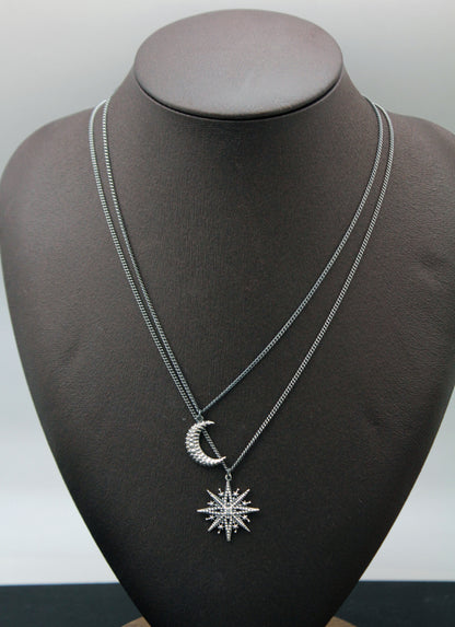 925 Sterling silver North star and Crescent Moon pendant necklace ,star moon jewelry, wiccan jewelry , planet necklace