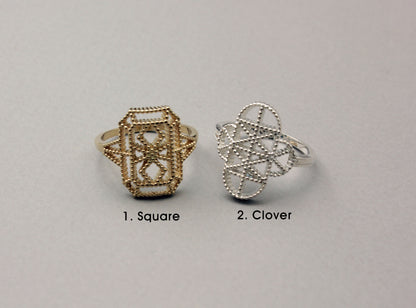 925 Sterling Silver  Lace pattern FILIGREE ring, Square shield Ring, Clover pattern FILIGREE ring