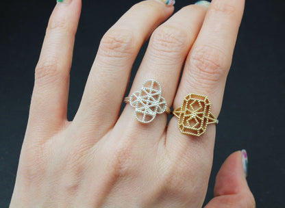 925 Sterling Silver  Lace pattern FILIGREE ring, Square shield Ring, Clover pattern FILIGREE ring