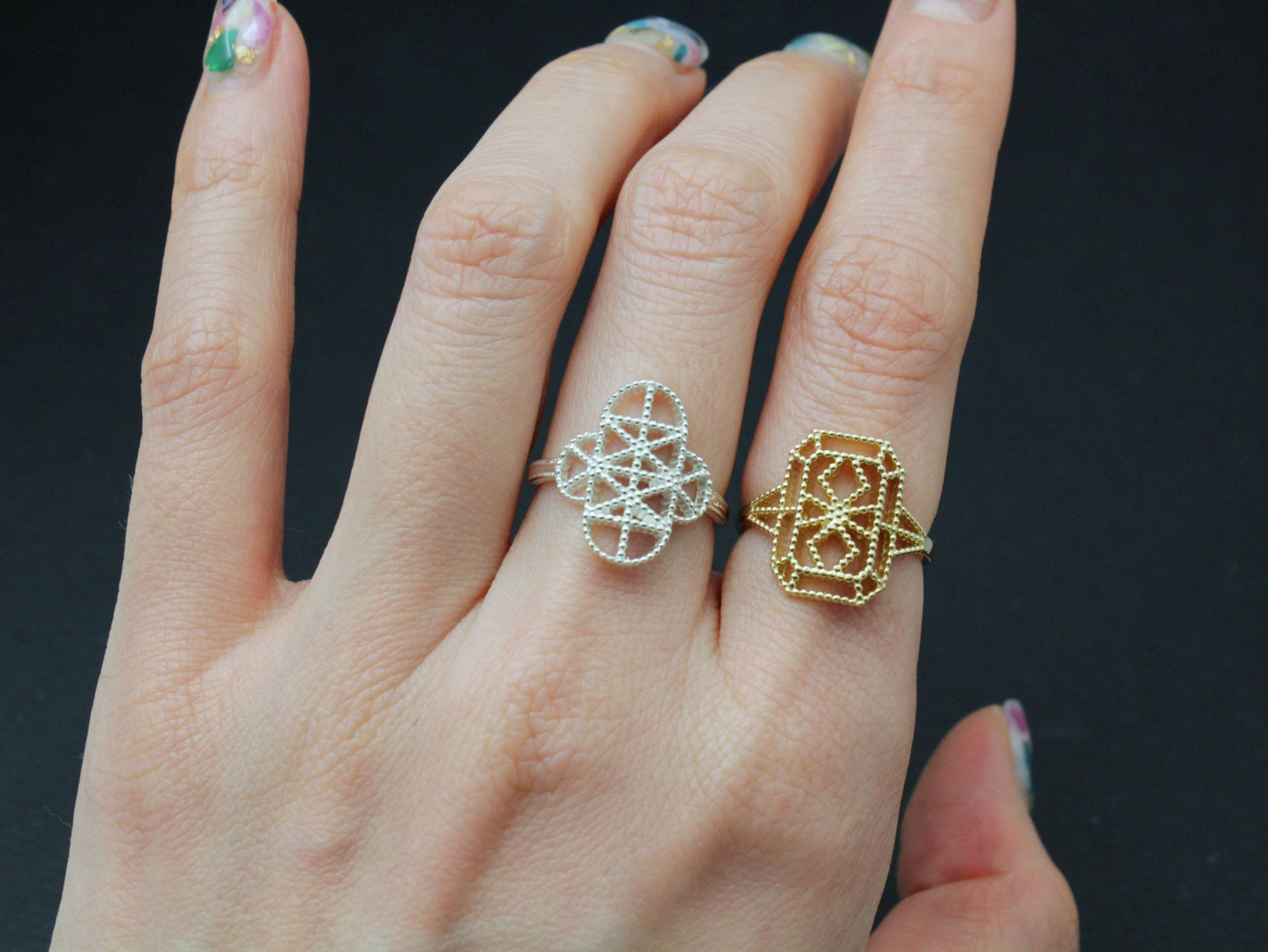 925 Sterling Silver  Lace pattern FILIGREE ring, Square shield Ring, Clover pattern FILIGREE ring