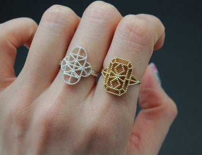 925 Sterling Silver  Lace pattern FILIGREE ring, Square shield Ring, Clover pattern FILIGREE ring