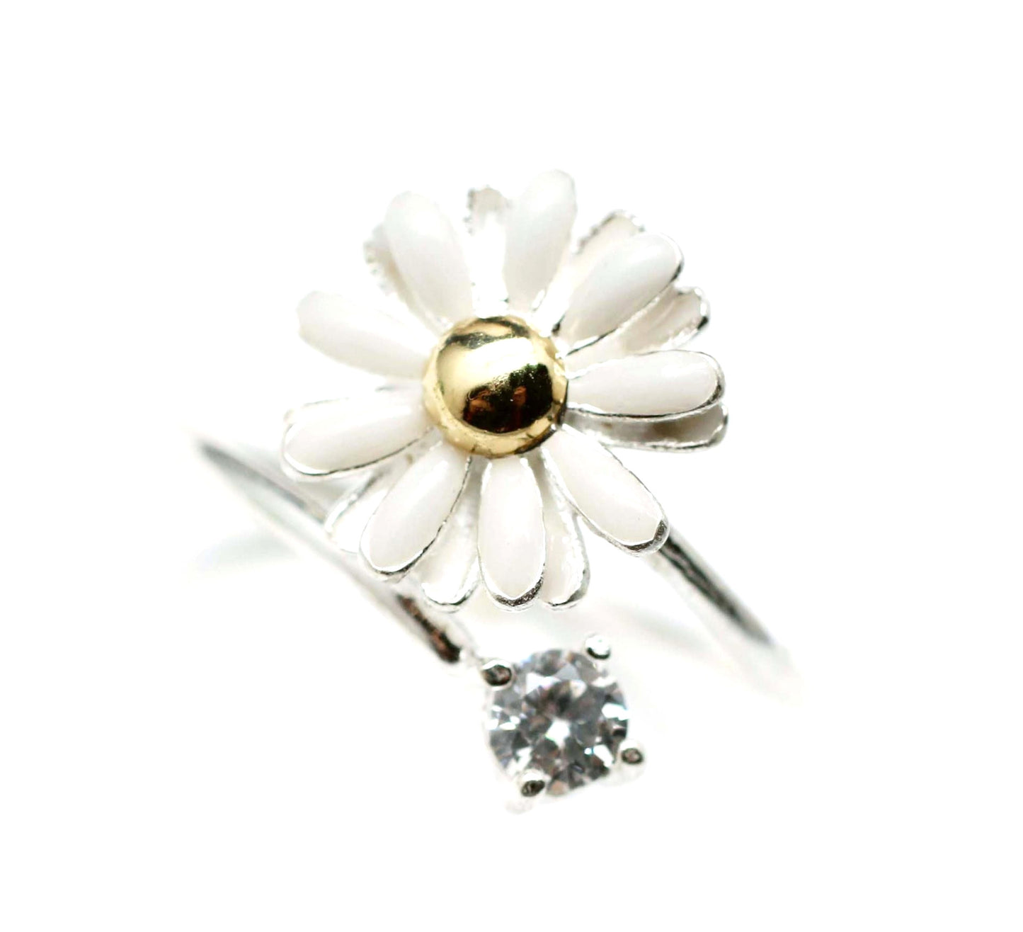 White Daisy Flower with Crystal- Adjustable Ring (925 sterling silver / plated over Brass)