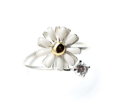 White Daisy Flower with Crystal- Adjustable Ring (925 sterling silver / plated over Brass)