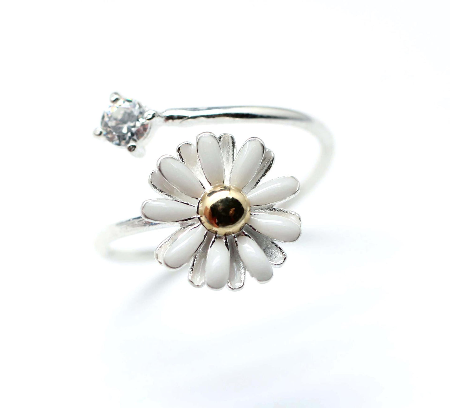 White Daisy Flower with Crystal- Adjustable Ring (925 sterling silver / plated over Brass)