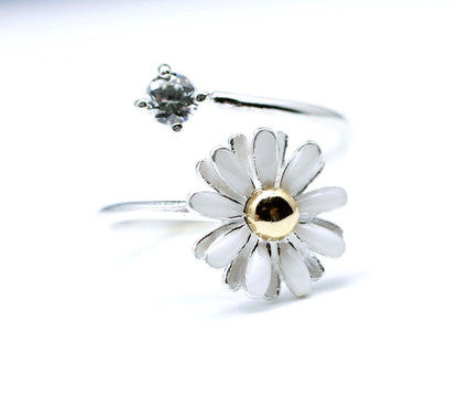 White Daisy Flower with Crystal- Adjustable Ring (925 sterling silver / plated over Brass)