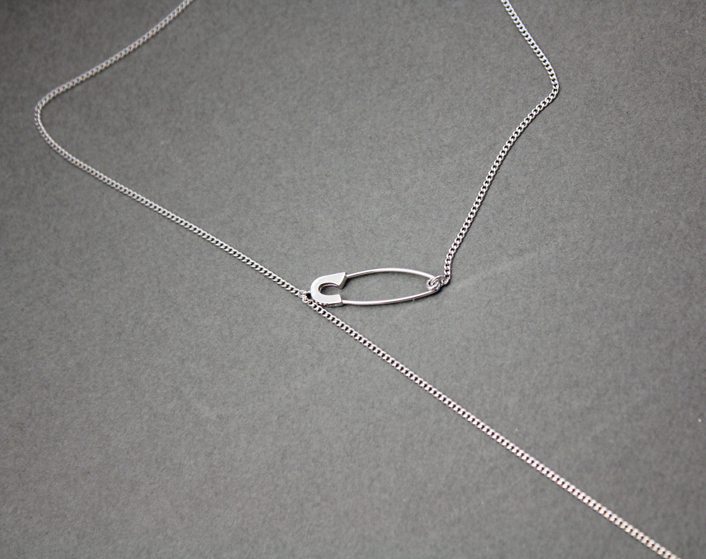 925 sterling silver Safety Pin charm and chain Lariat Necklace, Safety Pin Y necklace