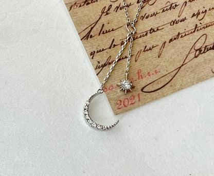 Moon and Star drop necklace detailed with cubic zirconia , Crystal Zircon Moon and Star Y-Necklace