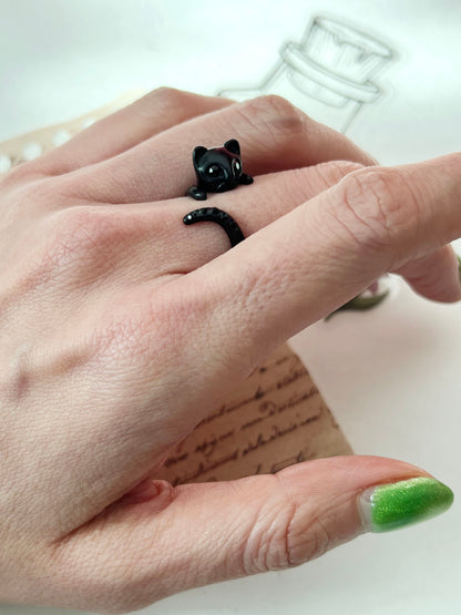 Cute Black Kitty Cat with cubic tail Adjustable Wrap Ring, R0286S