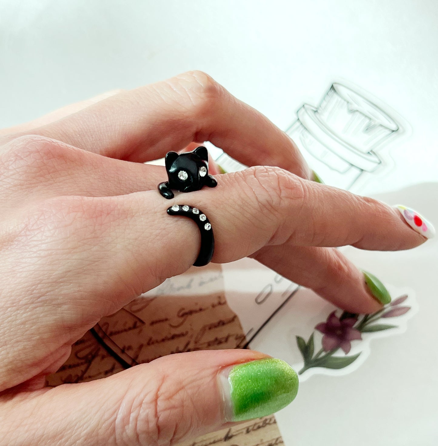 Cute Black Kitty Cat with cubic tail Adjustable Wrap Ring, R0286S