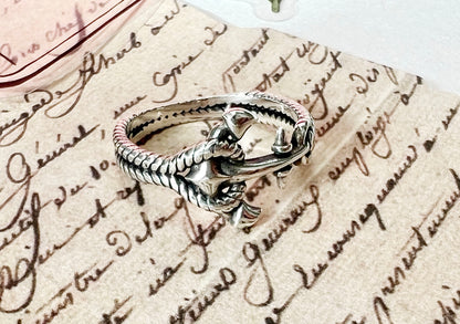 925 sterling silver Sideways Anchor and Rope ring, Nautical Ring , Sailor ring, Wheel Helm Anchor Ring