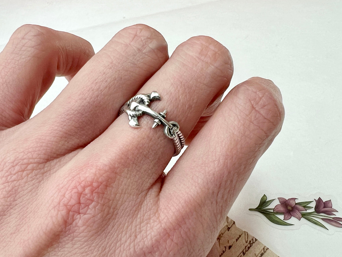 925 sterling silver Sideways Anchor and Rope ring, Nautical Ring , Sailor ring, Wheel Helm Anchor Ring