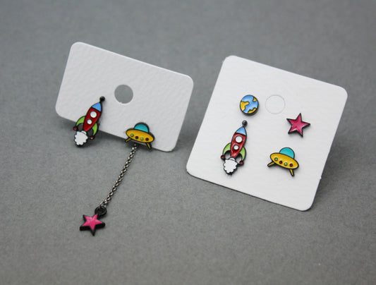 Cute U.F.O, Earth, Rocket and Star post earrings, Space earrings, Rocket dangle earrings