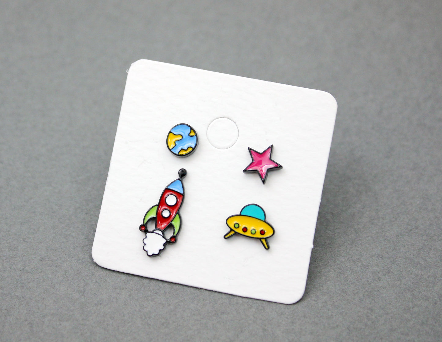 Cute U.F.O, Earth, Rocket and Star post earrings, Space earrings, Rocket dangle earrings