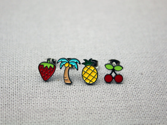 Cute Illustration Summer Fruit Earrings, Pineapple ,Cherry ,Strawberry and Palm Tree Stud earrings