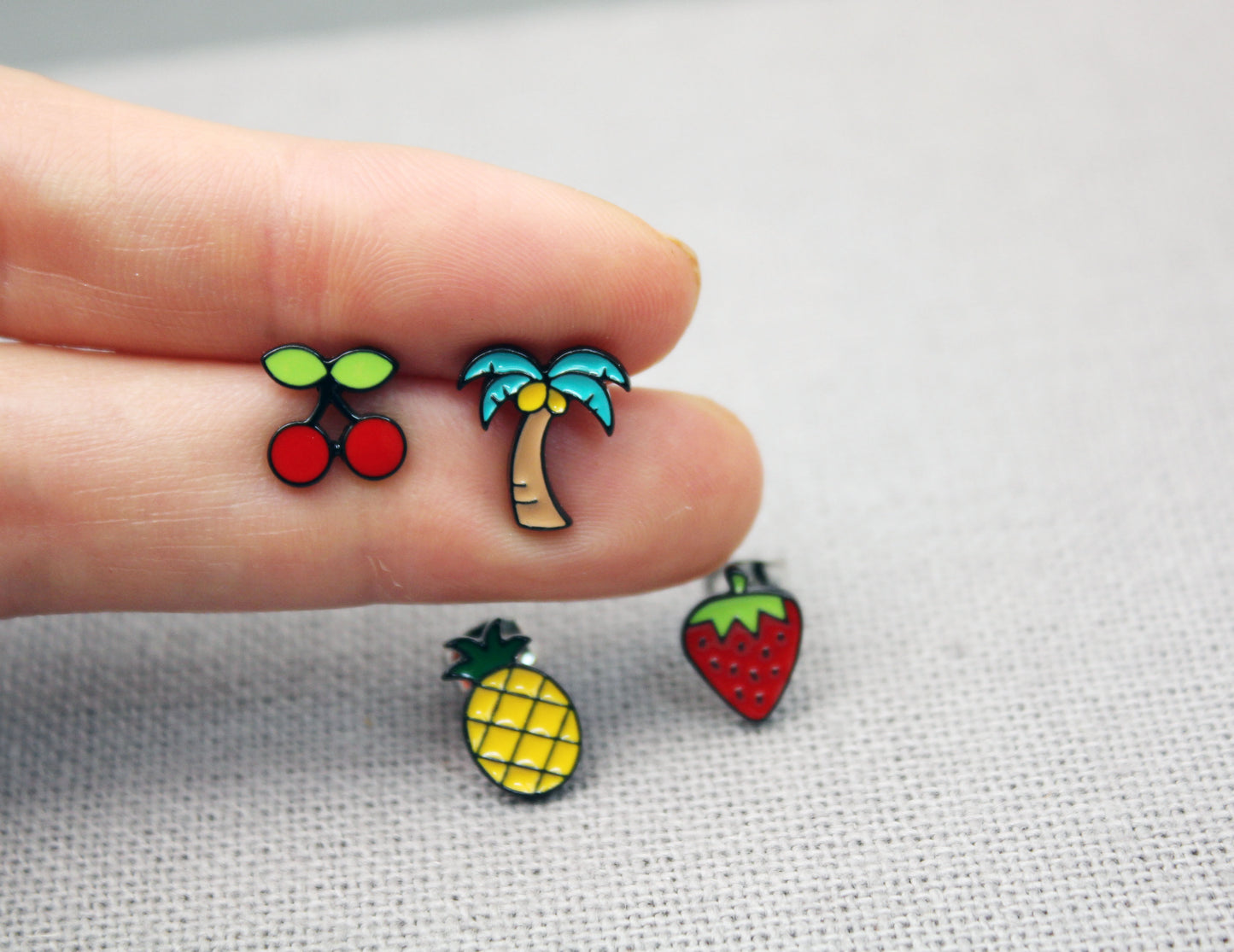 Cute Illustration Summer Fruit Earrings, Pineapple ,Cherry ,Strawberry and Palm Tree Stud earrings