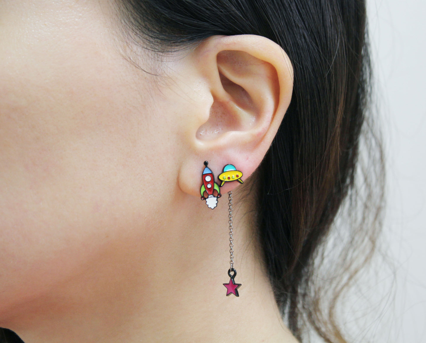 Cute U.F.O, Earth, Rocket and Star post earrings, Space earrings, Rocket dangle earrings