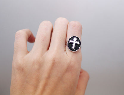 925 Sterling silver Saint Benedict Big Antique Cross statement Ring