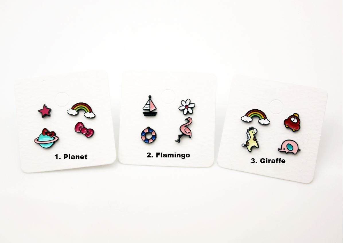 Set of 4 Cute Illustration Earrings, Elephant, Giraffe, Flamingo, Boat, Rainbow Stud earrings