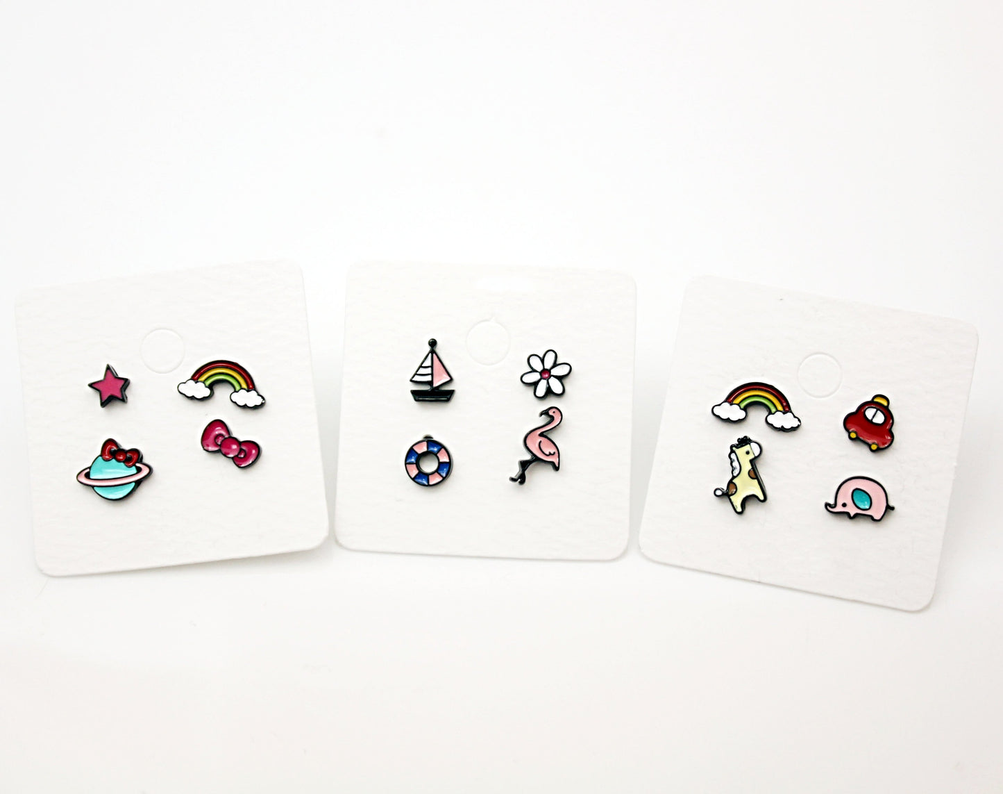 Set of 4 Cute Illustration Earrings, Elephant, Giraffe, Flamingo, Boat, Rainbow Stud earrings