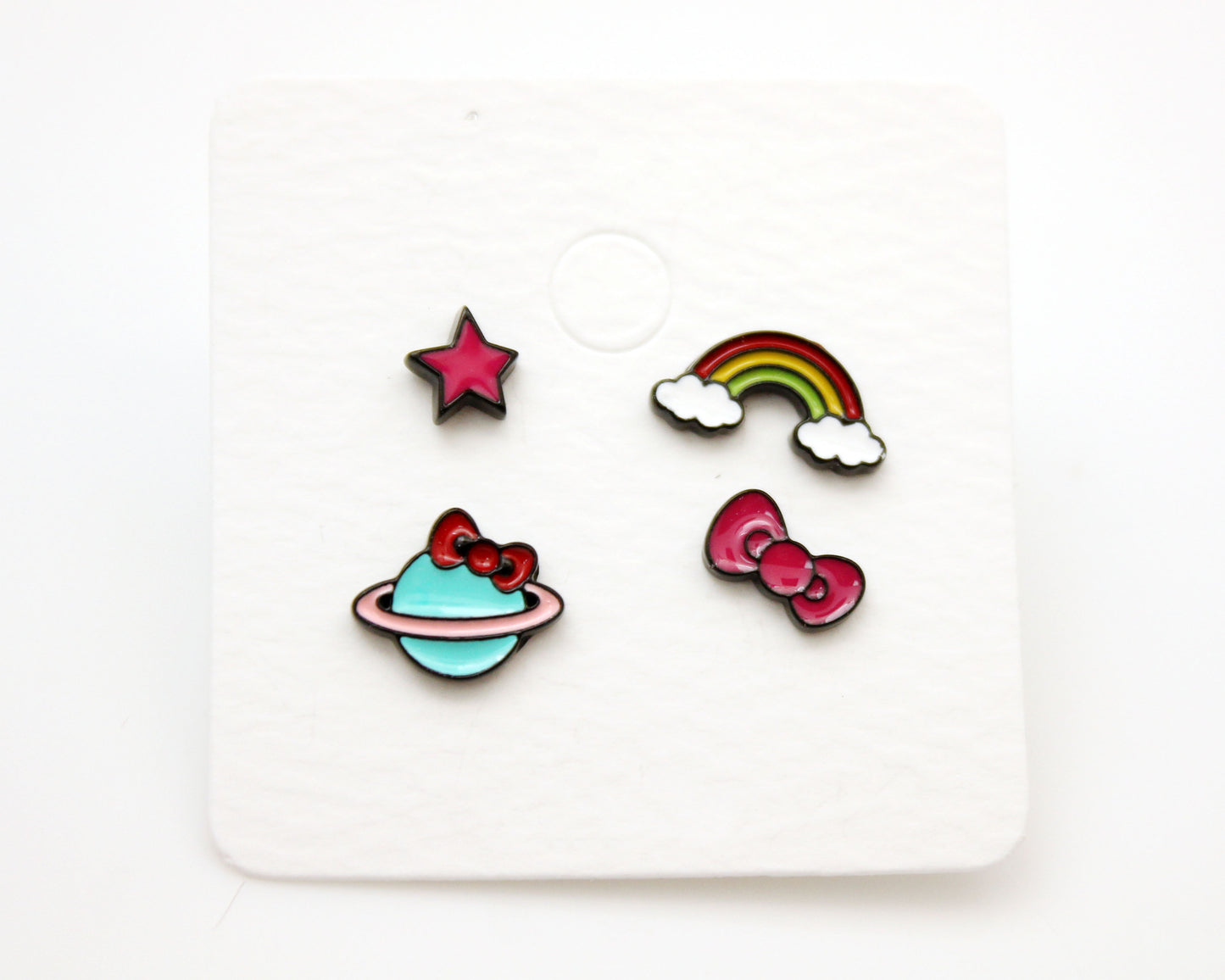 Set of 4 Cute Illustration Earrings, Elephant, Giraffe, Flamingo, Boat, Rainbow Stud earrings