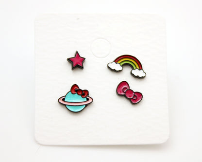 Set of 4 Cute Illustration Earrings, Elephant, Giraffe, Flamingo, Boat, Rainbow Stud earrings