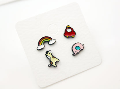 Set of 4 Cute Illustration Earrings, Elephant, Giraffe, Flamingo, Boat, Rainbow Stud earrings