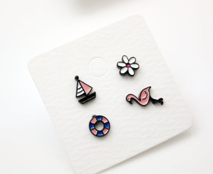 Set of 4 Cute Illustration Earrings, Elephant, Giraffe, Flamingo, Boat, Rainbow Stud earrings