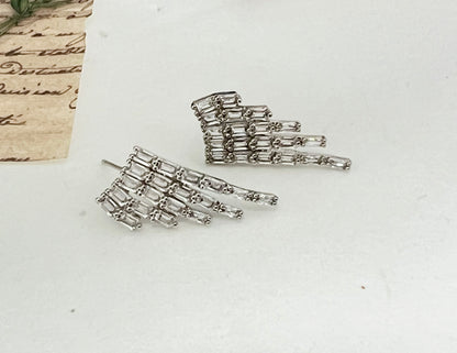 Baguette Cut square cubic fan shape stud earrings, Angel Wing shape stud earrings