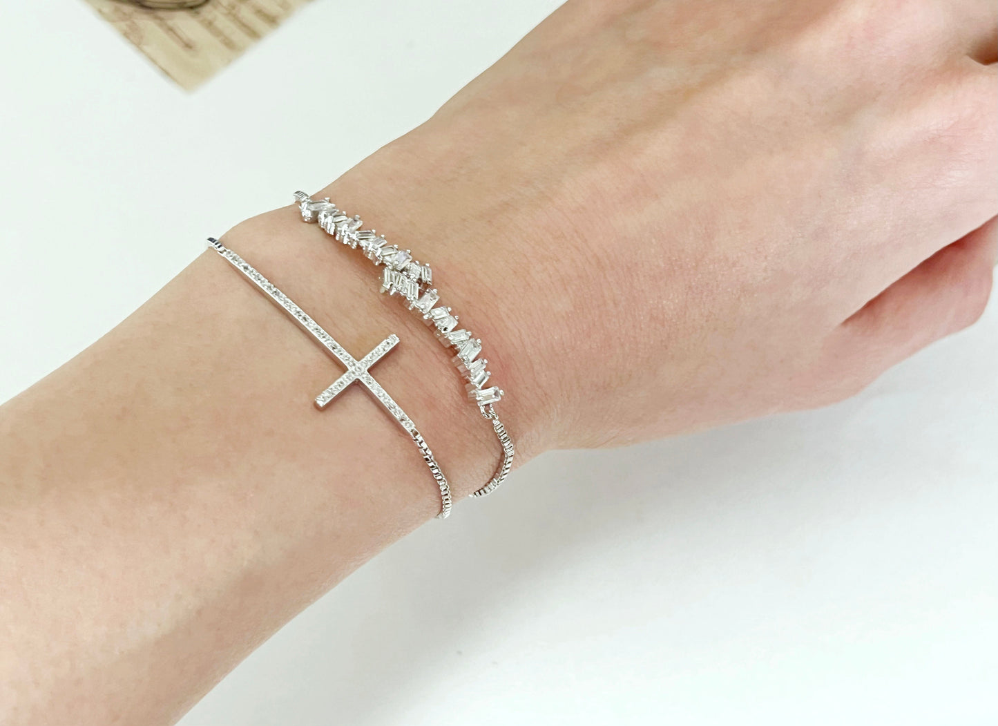 Baguette Cut square Cubic Zirconia X Bar Bracelet, baguette bar bracelet