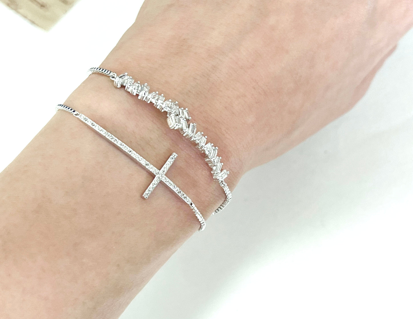 Cubic Zirconia setting Sideways Cross pendant Sliding Adjustable Bracelet