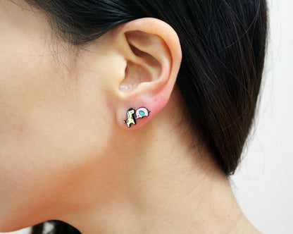 Set of 4 Cute Illustration Earrings, Elephant, Giraffe, Flamingo, Boat, Rainbow Stud earrings